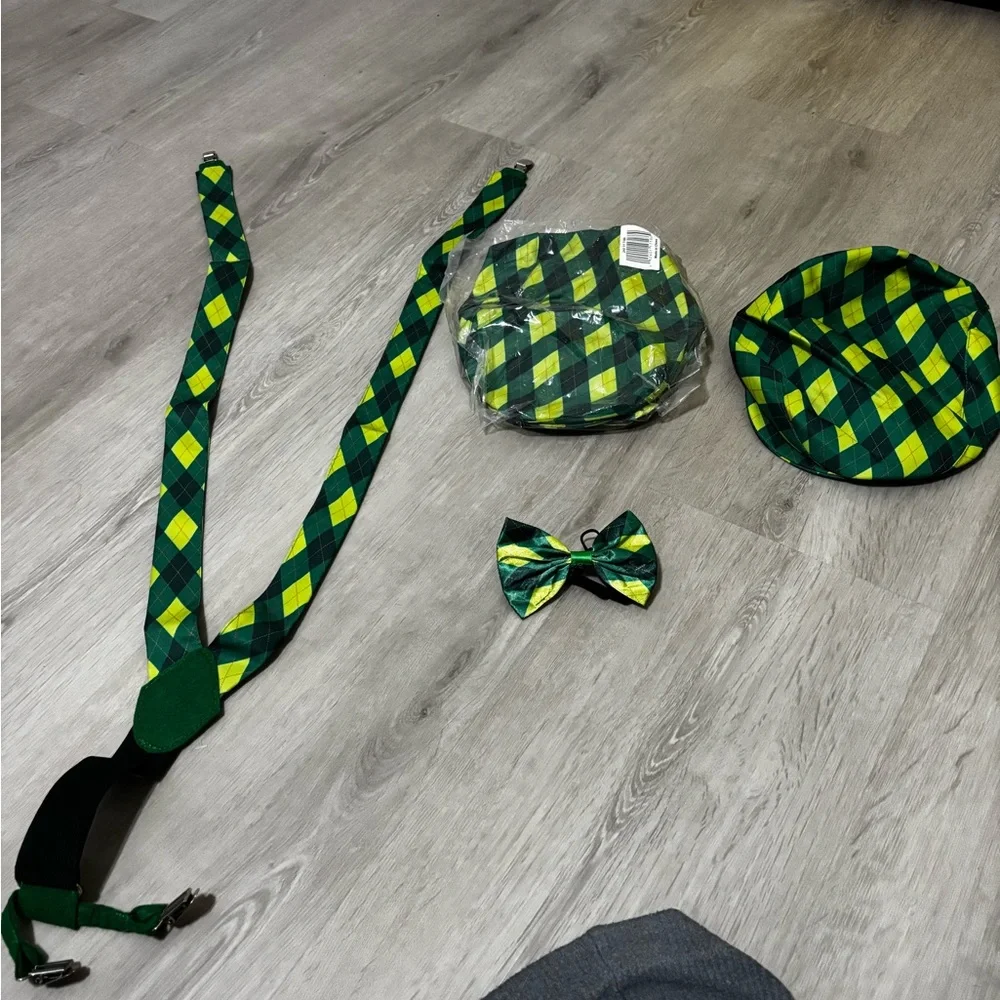 Spritz Green and Yellow Plaid Party Accessory Set - Hats , Bow Tie & Suspenders